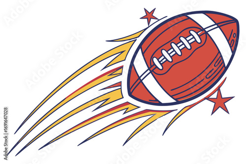 American football with flames and stars
