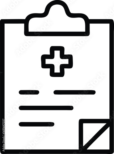 Simple outline drawing of medical clipboard with cross symbol and check box