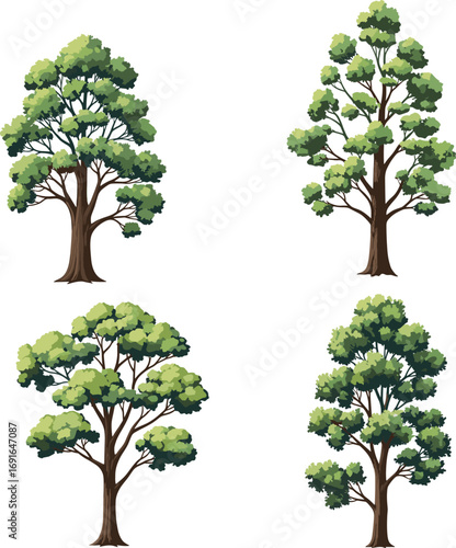 Realistic green tree illustration, natural forest elements, botanical artwork, isolated tree set, foliage collection, eco nature design vector, landscape decoration
