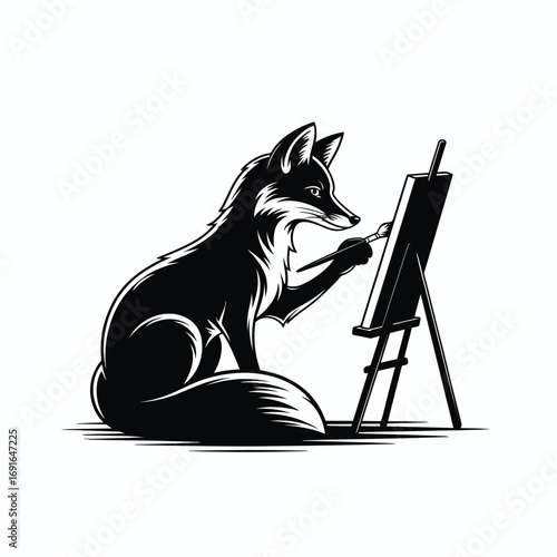 Black fox artist painting on easel brush