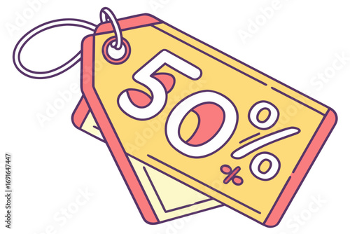 50 percent discount tag with a loop for hanging