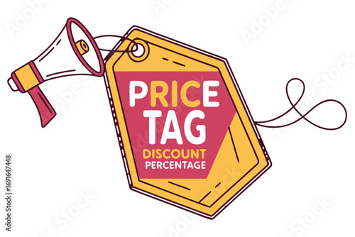 Price tag with megaphone and discount percentage text