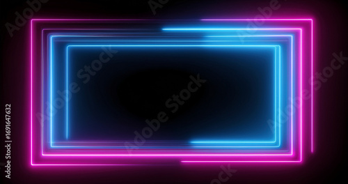 Vibrant neon square grame frame on black background. Royalty high-quality free best stock of a glowing neon light rectangle illuminated, abstract technology and futuristic blank design element
