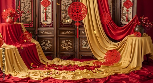 Lavish Traditional Chinese Celebration with Red and Gold Decorations.