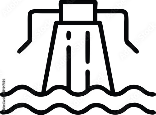 Simple outline icon hydroelectric dam with water flow and waves graphic