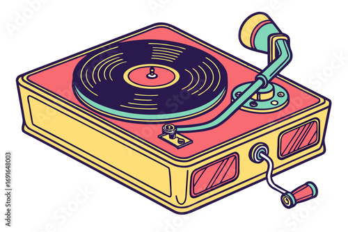 Retro record player with a vinyl disc and tonearm