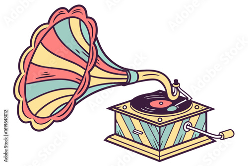 Vintage gramophone with a large horn and vinyl disc