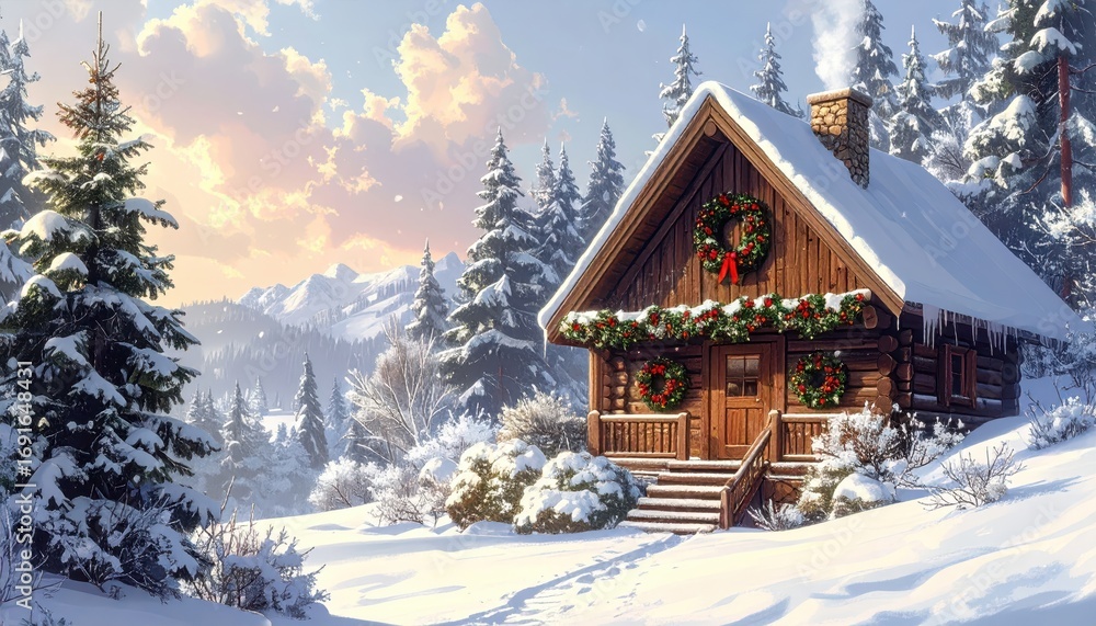 Fototapeta premium A serene winter scene portrays a cozy log cabin nestled amidst snow-covered pine trees and mountains, bathed in the warm glow of a winter sunrise.