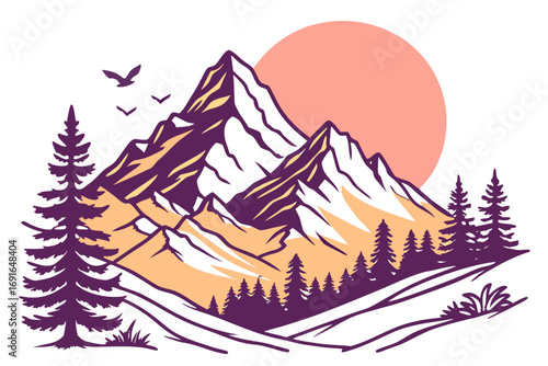 Stylized mountain range with sun, trees, and birds