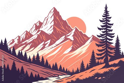 Stylized mountain range with pine trees and a river at sunset