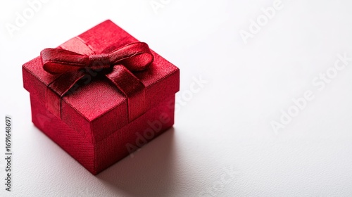 Red gift box with satin ribbon bow on white surface, highlighted by studio lighting for a festive touch.