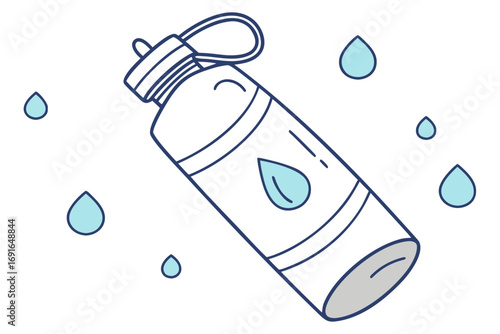 Handdrawn illustration of a water bottle with water drops