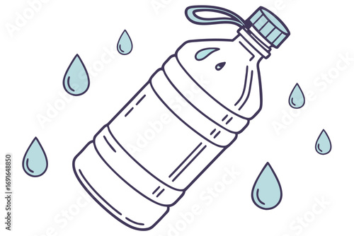 Handdrawn illustration of a large water bottle with water drops