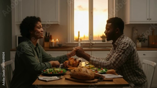 Smiling Black couple holding hands with Thanksgiving meal before sunset