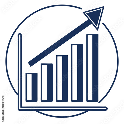 Bar chart with upward arrow indicating growth