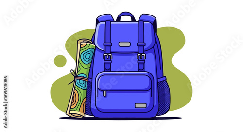 A vibrant blue backpack and rolled-up sleeping bag set against a minimalist green backdrop, perfect for outdoor adventures, camping trips, and travel illustrations