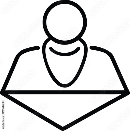 Simple outline icon of hooded figure with geometric cloak design