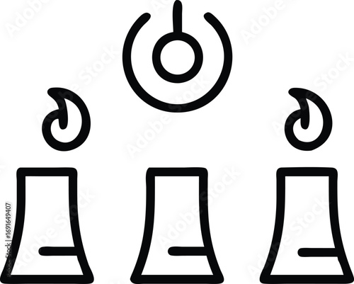 Simple outline icon of power button above three industrial chimney stacks