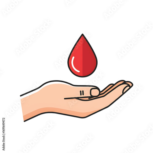 A stylized illustration of a human hand gently cupped, with a single red blood drop suspended above it.