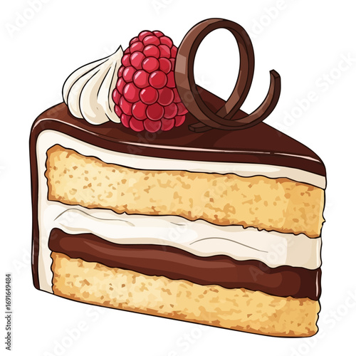An appetizing slice of yellow cake with two layers of filling, a chocolate glaze, and a topping of a raspberry and chocolate curls