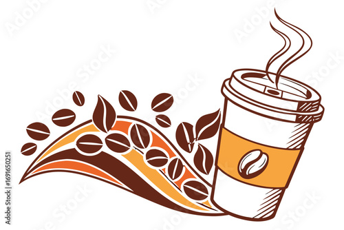 Hot coffee cup with steam and coffee beans