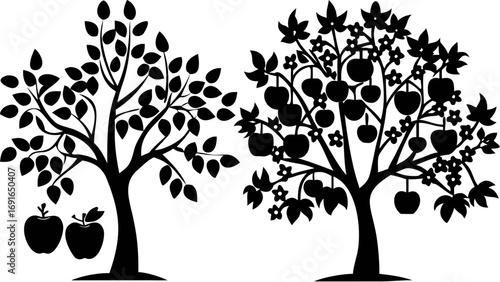 Two stylized black trees, one bearing apples, the other with leaves and fallen fruit
