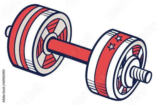 Dumbbell with red and white striped plates