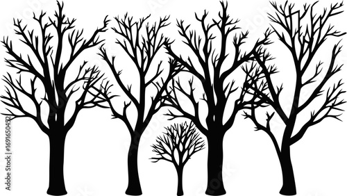 Striking black silhouette of bare trees evokes winter or desolate landscapes creating dramatic impactful visuals