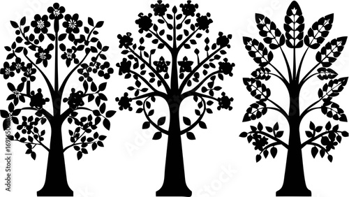 Elegant trees with stylized blossoms and leaves create a stunning natural silhouette design