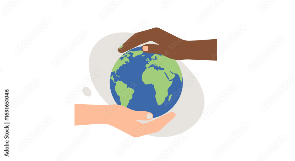 Fototapeta premium Diverse hands supporting a fragile planet earth with continents clearly visible, symbolizing global unity, environmental protection, and shared responsibility for a sustainable future for all people