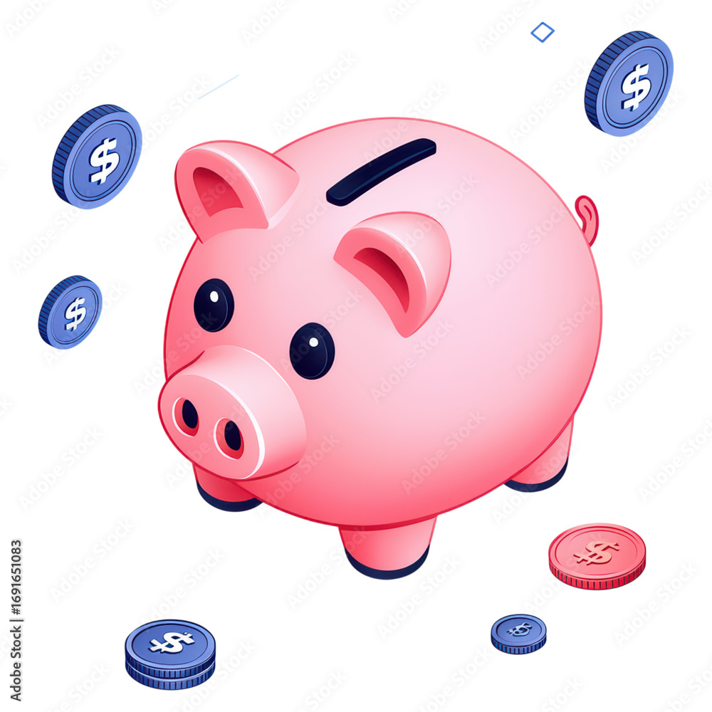 Obraz premium Cute Piggy Bank Surrounded by Coins with Dollar Signs for Financial Savings and Budgeting Concepts, isolated on transparent background.