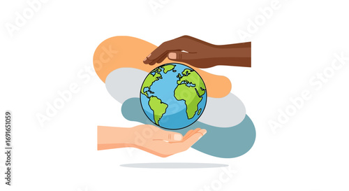 Illustration depicting two hands, one light-skinned and one dark-skinned, gently cupping and protecting a globe, symbolizing unity, diversity, and global cooperation for a sustainable future