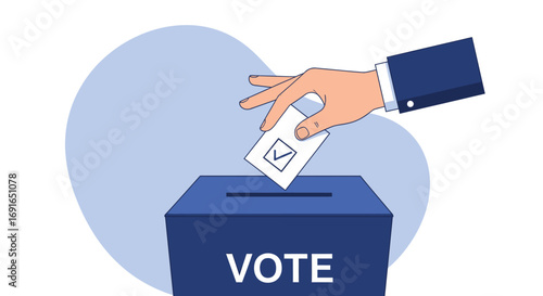 Hand placing ballot paper into a voting box labeled 'VOTE' in a stylized illustration representing democracy, elections, and civic participation