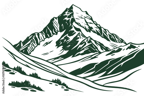 Stylized mountain range with snow and pine trees