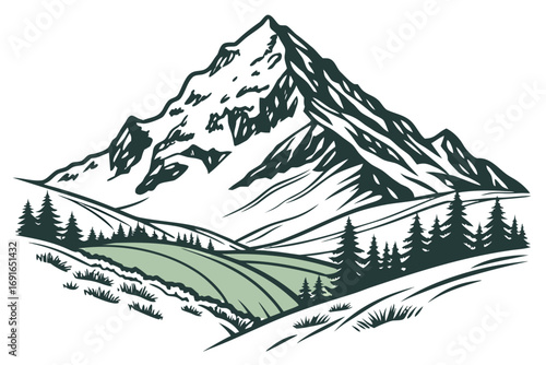 Stylized mountain range with snow and pine trees