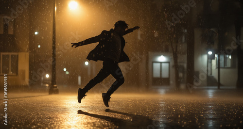 Young man dancing joyfully in heavy rain on urban street at night  