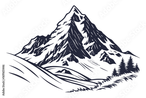 Stylized mountain range with snow and pine trees