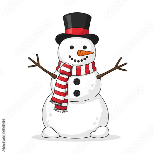 Cartoon Snowman with Top Hat and Striped Scarf Illustration