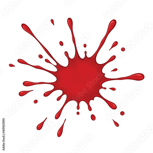 A vibrant red paint splatter with a glossy finish, isolated on a white background.