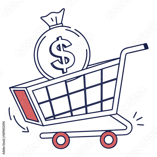 Shopping cart with money bag on