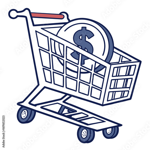 Shopping cart with coin and dollar sign on