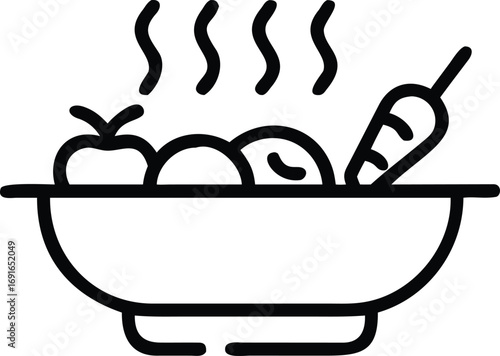 Simple outline illustration of hot soup bowl filled with vegetables and steam