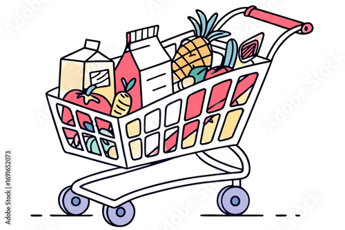 Shopping cart filled with groceries