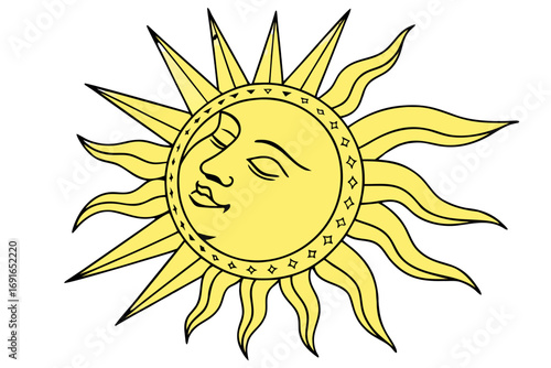 Sun with closed eyes and wavy rays