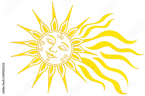 Stylized sun with face and wavy rays