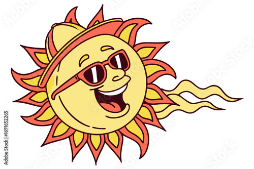 Smiling cartoon sun wearing sunglasses and a hat