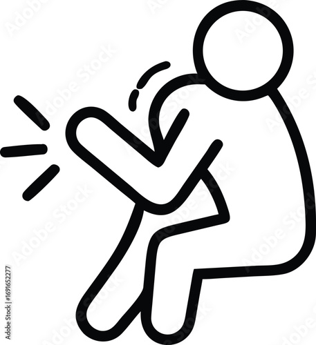 Simple outline illustration of seated person coughing or sneezing into elbow