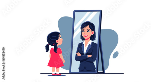 A young girl looks into a mirror and sees her reflection as a successful businesswoman, symbolizing ambition and future aspirations in a professional career