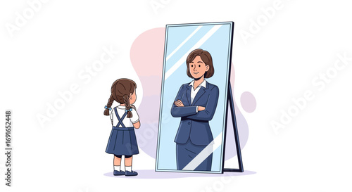 A young girl dressed in a school uniform looks at her reflection in a mirror, seeing herself as a confident, successful businesswoman with arms crossed