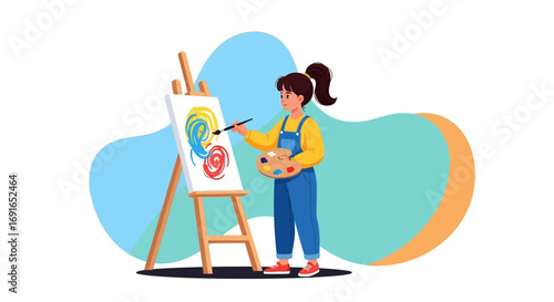 A talented young artist with a palette and brush in hand, enthusiastically creates a vibrant masterpiece on a canvas displayed on an easel, showcasing creativity and artistic expression